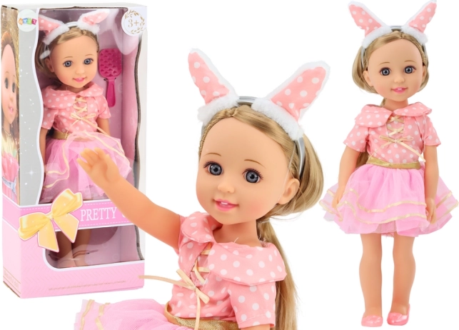 Poupée avec robe rose, longs cheveux et serre‑tête, 38 cm