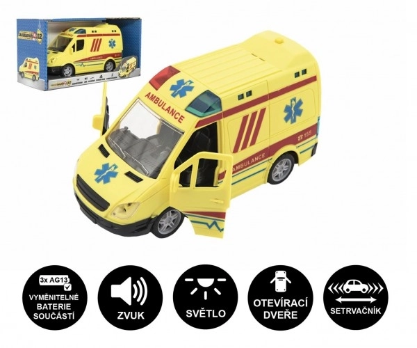 Ambulance jouet plastique 20cm à inertie sur piles avec son et lumière dans boîte 26x15x12cm