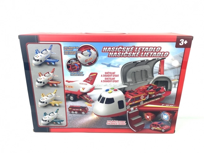 Avion de pompiers avec soute et 3 petites voitures