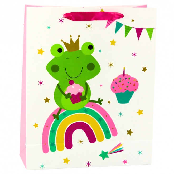 Sac cadeau avec grenouille sur arc-en-ciel