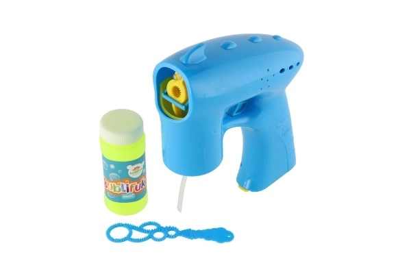Pistolet à bulles bleu plastique 13cm + recharge à piles sur carte