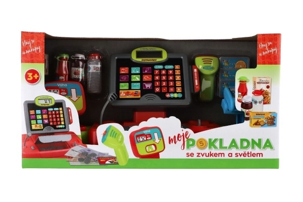 Caisse enregistreuse numérique en plastique grande avec lumières et sons, à piles, dans une boîte 48x25x18cm