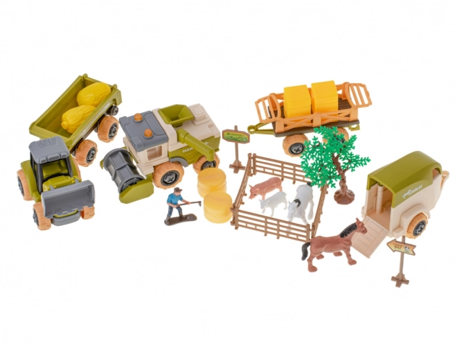 Ensemble fermier avec tracteurs et animaux domestiques