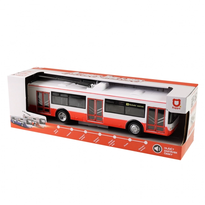Trolleybus parlant tchèque en plastique 29cm rouge marche libre sur bat. avec lumière et son en boîte 33x11x10cm