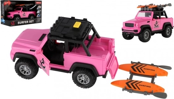 Voiture tout-terrain rose avec planches de surf et effets lumineux