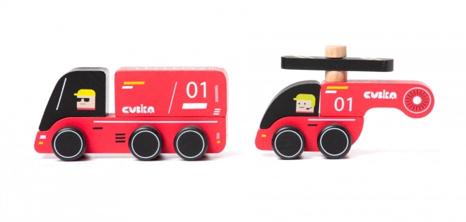 CUBIKA 15559 Pompiers - petite voiture en bois avec hélicoptère