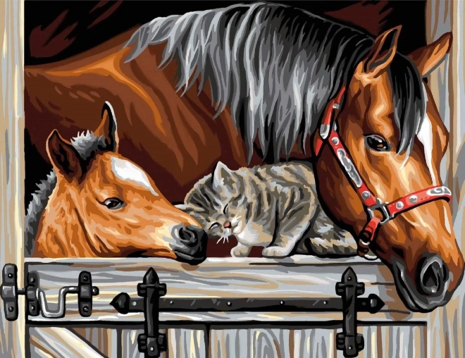 Kit de peinture au diamant - chevaux avec chat
