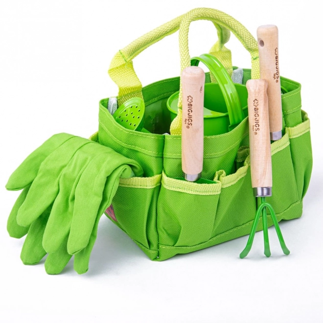 Bigjigs Toys Ensemble d'outils de jardinage dans un sac en toile vert