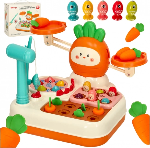 Jouet éducatif 4‑en‑1 pour enfants : balance carotte avec pêche et petit marteau