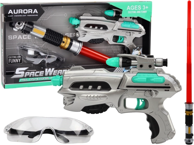 ensemble cosmique avec sabre lumineux, pistolet et lunettes de protection
