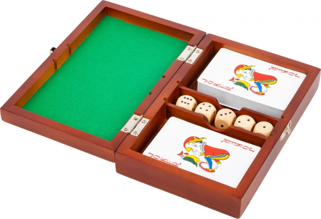 Petite boîte en bois avec dés et cartes