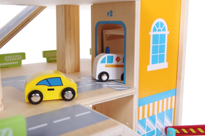 Piste de garage en bois avec ascenseur + petites voitures Ecotoys