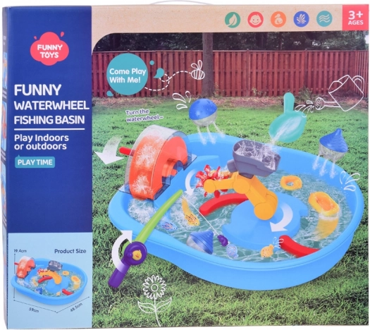 Table bleue d'eau avec roue à aubes et accessoires de pêche