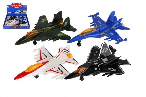 Chasseur en métal et plastique avec mécanisme d'enroulement 16 cm - ensemble de quatre avions colorés