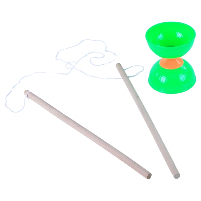 Jouet diabolo avec calices en plastique vert et baguettes en bois