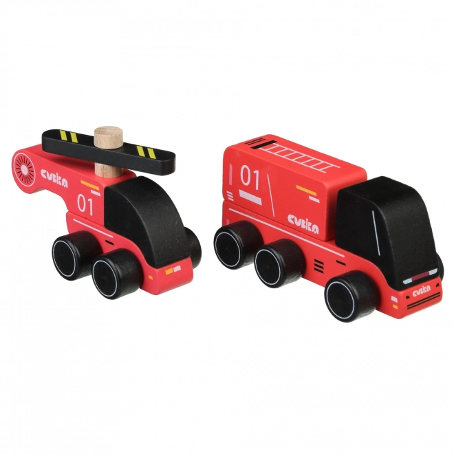 CUBIKA 15559 Pompiers - petite voiture en bois avec hélicoptère