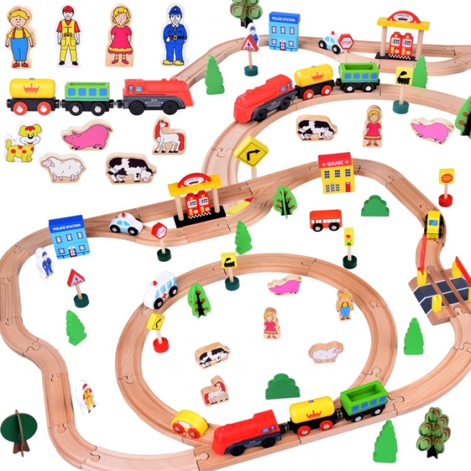 Grand ensemble chemin de fer en bois avec locomotive à piles