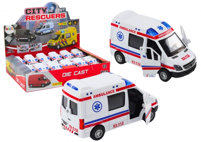 jouet ambulance avec portes ouvrantes, lumières et sons 1:32 blanc
