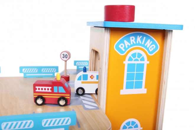 Piste de garage en bois avec ascenseur + petites voitures Ecotoys
