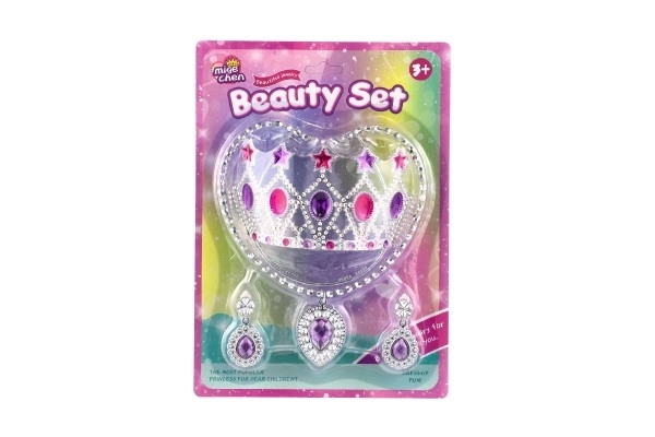 Set beauté plastique couronne, collier, boucles d'oreilles sur carte 20x28cm