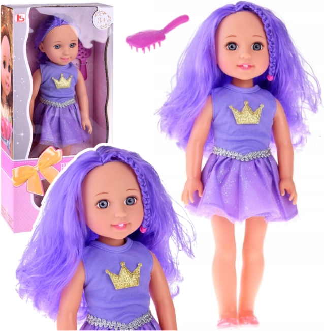 Poupée aux cheveux violets, robe violette et brosse à cheveux
