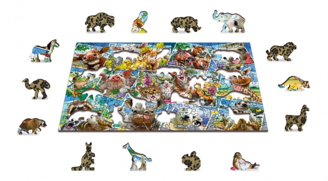 Puzzle en bois avec figurines - carte postale avec animaux