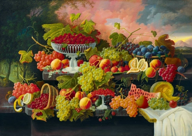 Puzzle Nature morte aux fruits et coucher de soleil