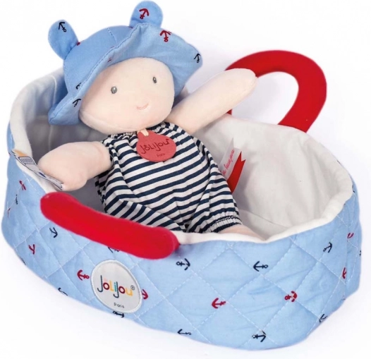 Doudou Jolijou Panenka dans un sac de transport bleu