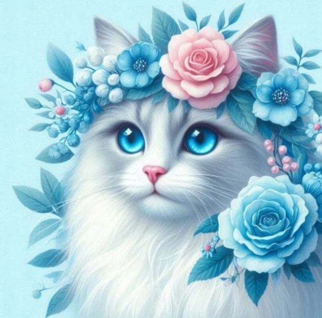 Peinture diamant Chat avec couronne de fleurs 30x40 cm