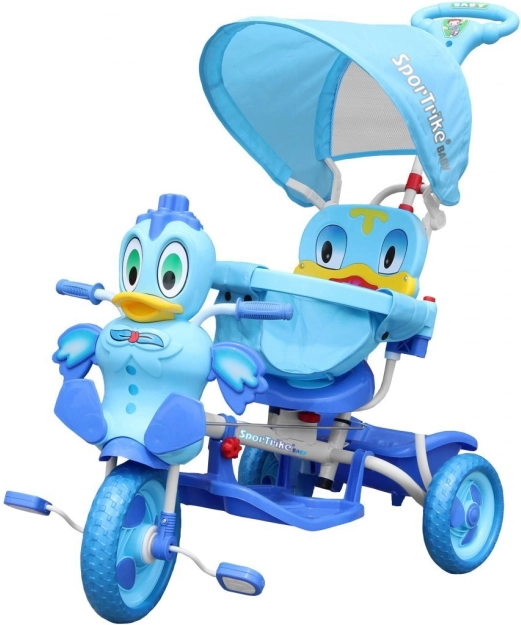 tricycle pour enfants caneton bleu avec sons, auvent, barre de sécurité et panier de rangement