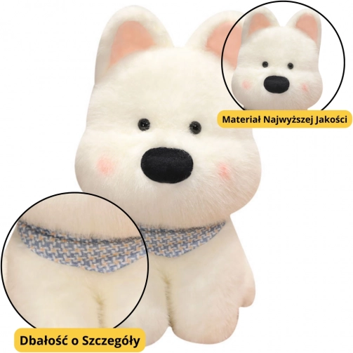 Chien en peluche blanc avec foulard bleu 33 cm