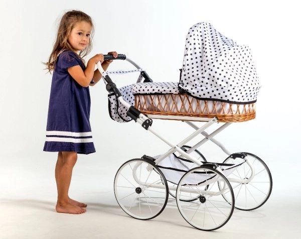Poussette Monika RETRO osier construction blanche blanc à pois hauteur de la poignée 76cm réglable