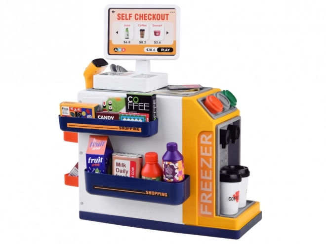 Magasin libre-service avec machine à café et réfrigérateur