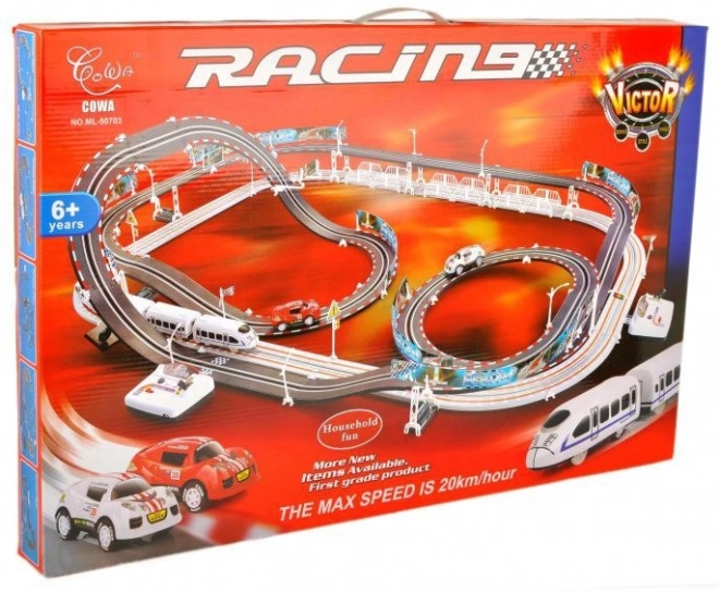 Chemin de fer électrique Circuit de course 2 en 1 pour enfants de 6+ avec télécommande + locomotives + wagons + petites voitures