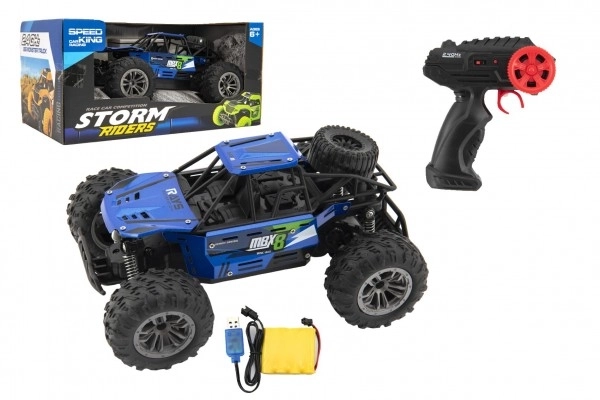 Buggy RC tout-terrain bleu 22cm plastique 2,4GHz sur batterie + pack rechargeable en boîte 32x16x18cm