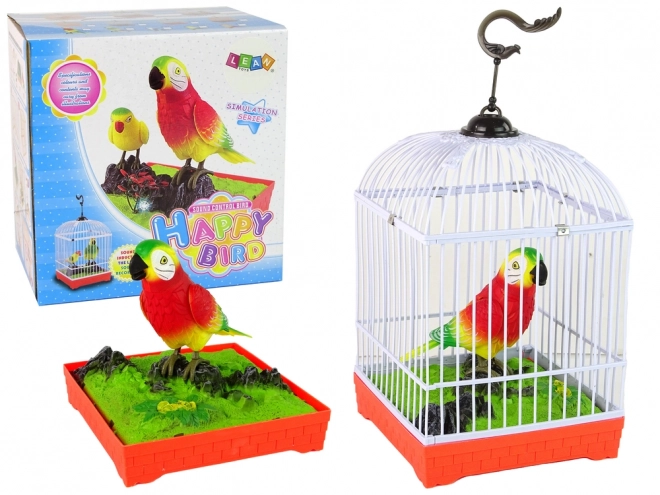 Perroquet coloré chantant avec cage