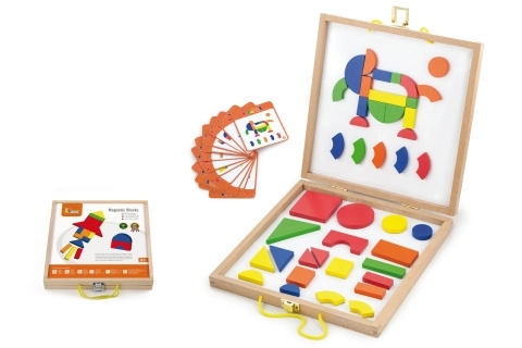 Jeu de construction magnétique en bois dans une mallette