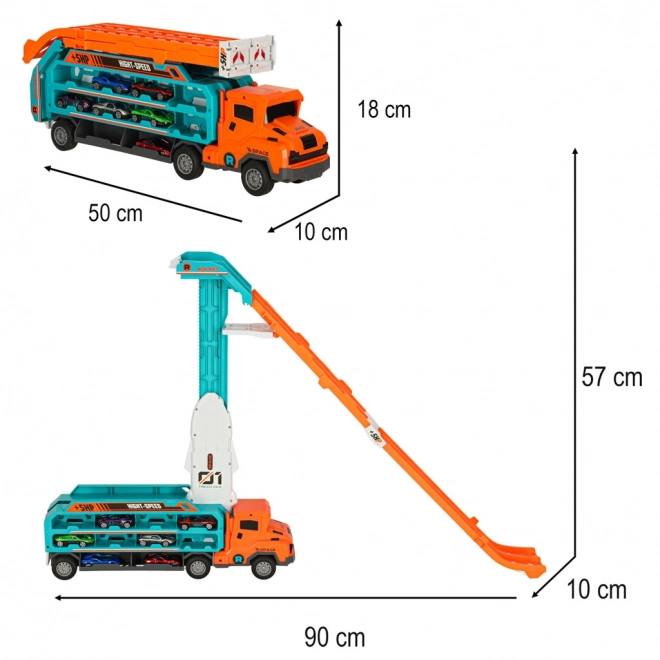 Circuit de course avec dépanneuse et transporteur 6 pièces - orange