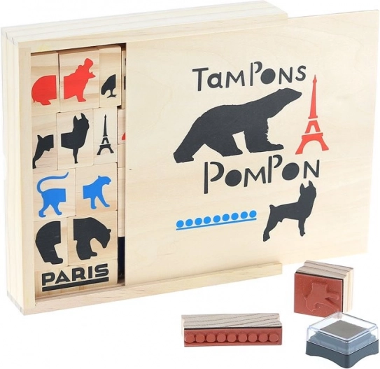 Tampons en bois POMPON TOYS – kit créatif 23 pcs avec encres