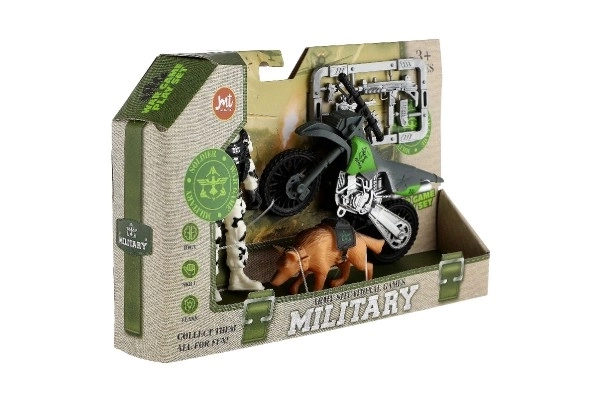 Ensemble militaire en plastique avec moto, soldat, chien et accessoires dans une boîte 23x14x4cm