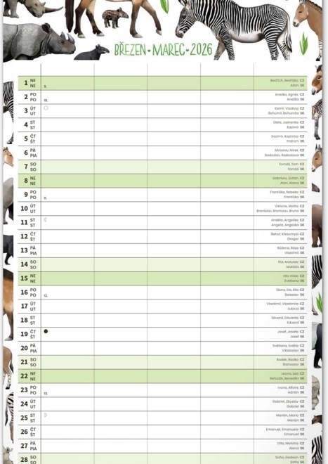 Calendrier mural Planificateur familial 2026 avec illustrations Animalium