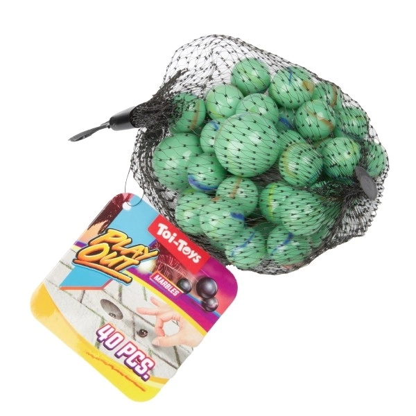 Billes en verre de différentes tailles 40 pcs mélange de couleurs dans un filet 12 pcs en boîte