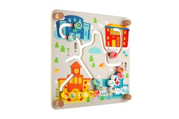 Inséreur/labyrinthe éducatif Ville/Recyclage 2en1 en bois 30x30cm dans une boîte 32x32x6cm