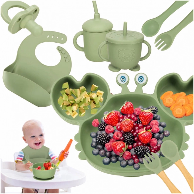 Set d'ustensiles pour enfants en silicone, crabe, 19 pièces vert