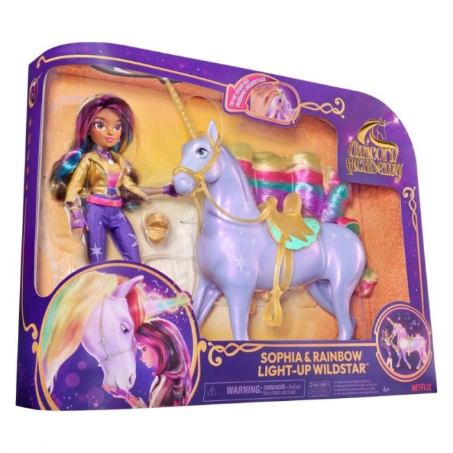 UNICORN ACADEMY LICORNE LUMINEUSE WILDSTAR AVEC POUPÉE SOPHIA 24cm