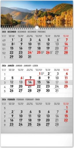 Notique calendrier mural trimestriel Paysage, prénoms slovaques 2026, 29,5 × 43 cm, gris