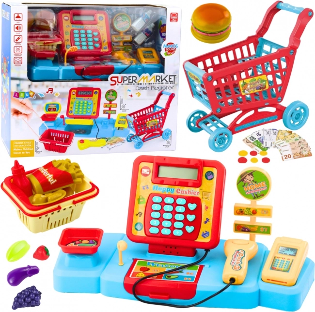 Set de jeu pour enfants caisse, panier et aliments avec effets
