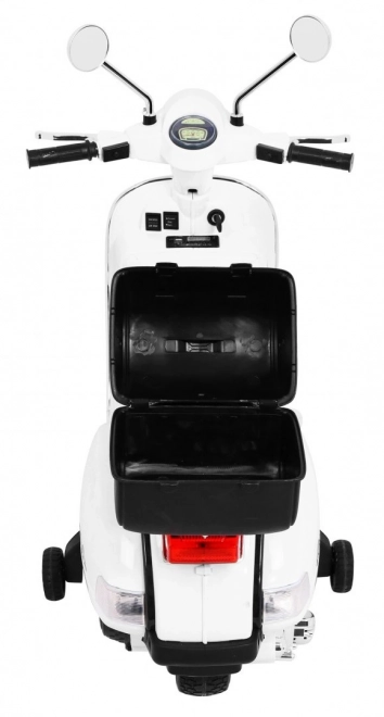 Scooter électrique pour enfants Vespa blanc avec roulettes auxiliaires, audio et similicuir