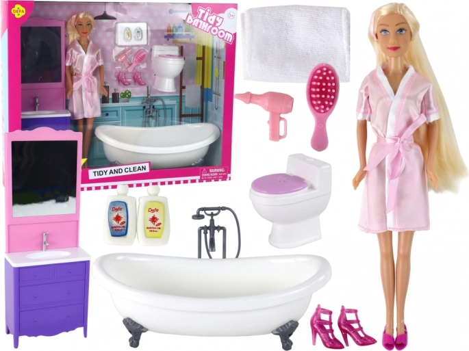 poupée en peignoir avec salle de bain et accessoires