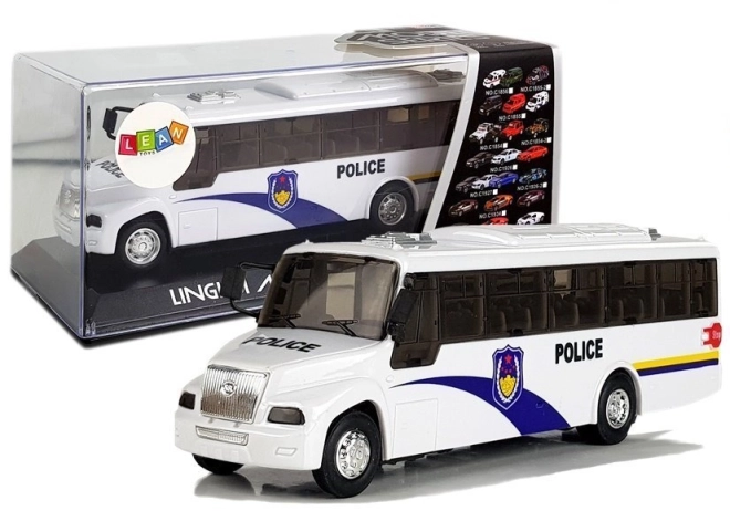Bus de police blanc avec moteur mécanique et effets sonores
